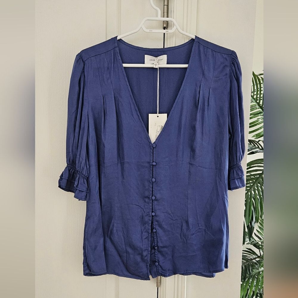 Nwt Dear John Satiny Blue V-Neck Button-Up Women's Top